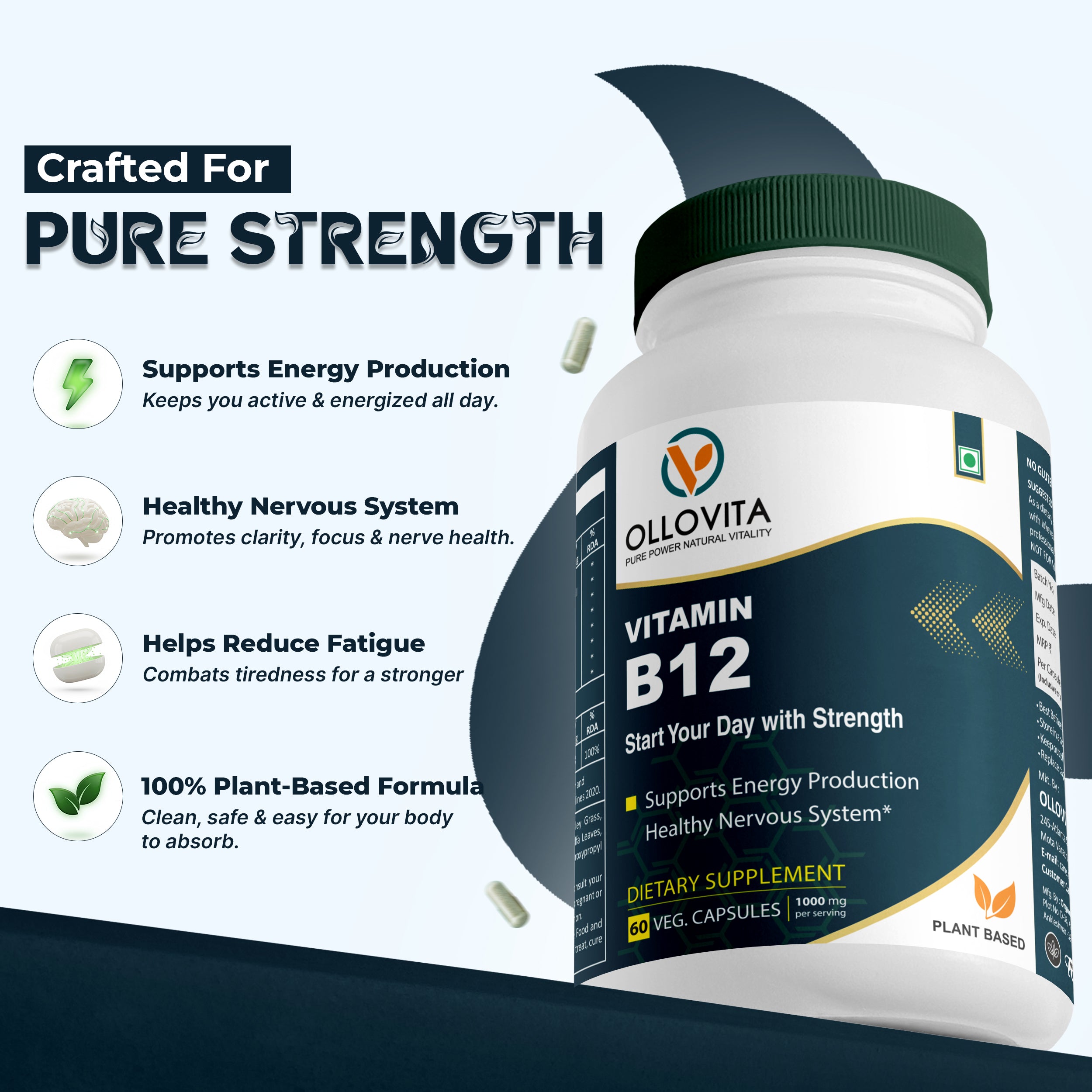 Plant-Based Vitamin B12 1000mg Veg Capsules – Energy, Nerve & Metabolism Support | 60 Capsules (Methylcobalamin)