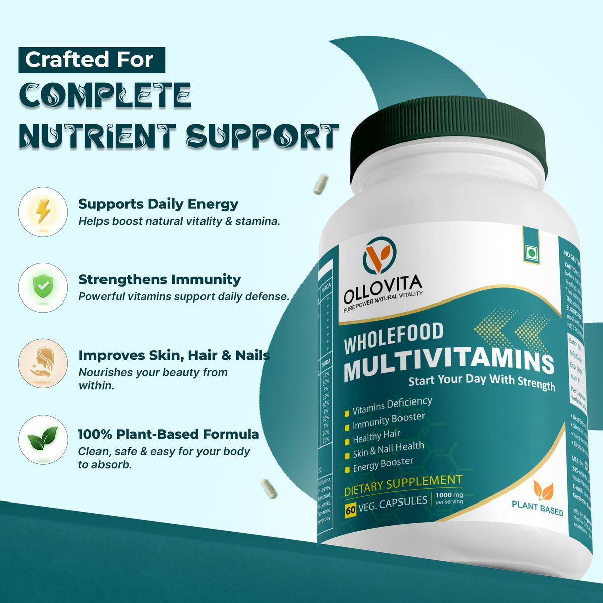 OLLOVITA Plant Based Multivitamin – 60+ Wholefood Ingredients with 24 Essential Vitamins & Minerals | Stamina, Energy, Bone & Joint Support | For Men & Women – 60 Veg Capsules