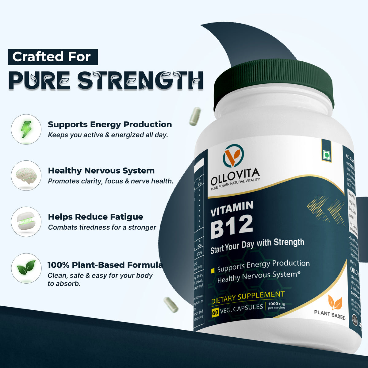 Plant-Based Vitamin B12 1000mg Veg Capsules – Energy, Nerve & Metabolism Support | 60 Capsules (Methylcobalamin)