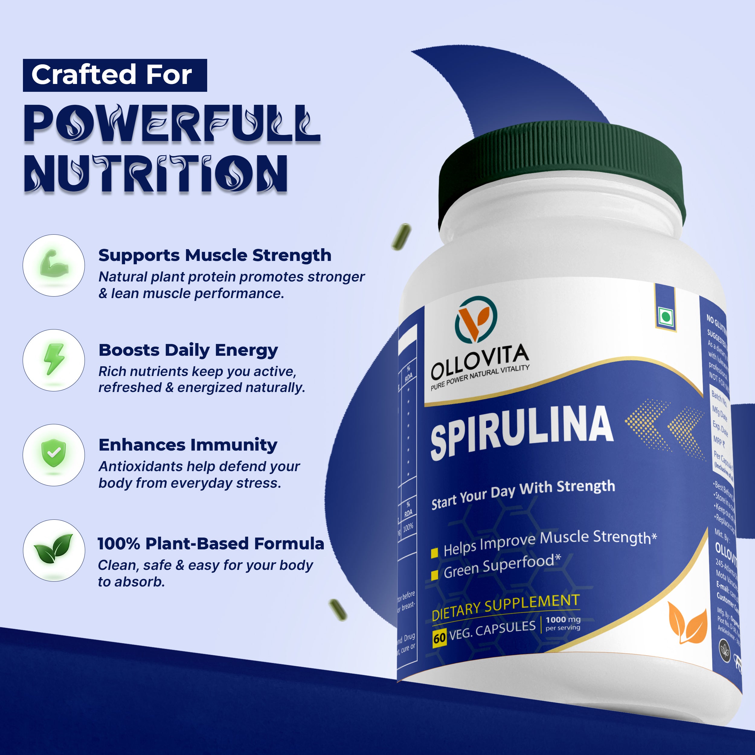 Plant-Based Spirulina 1000mg Veg Capsules – Green Superfood for Immunity, Muscle Strength & Daily Energy | 60 Capsules