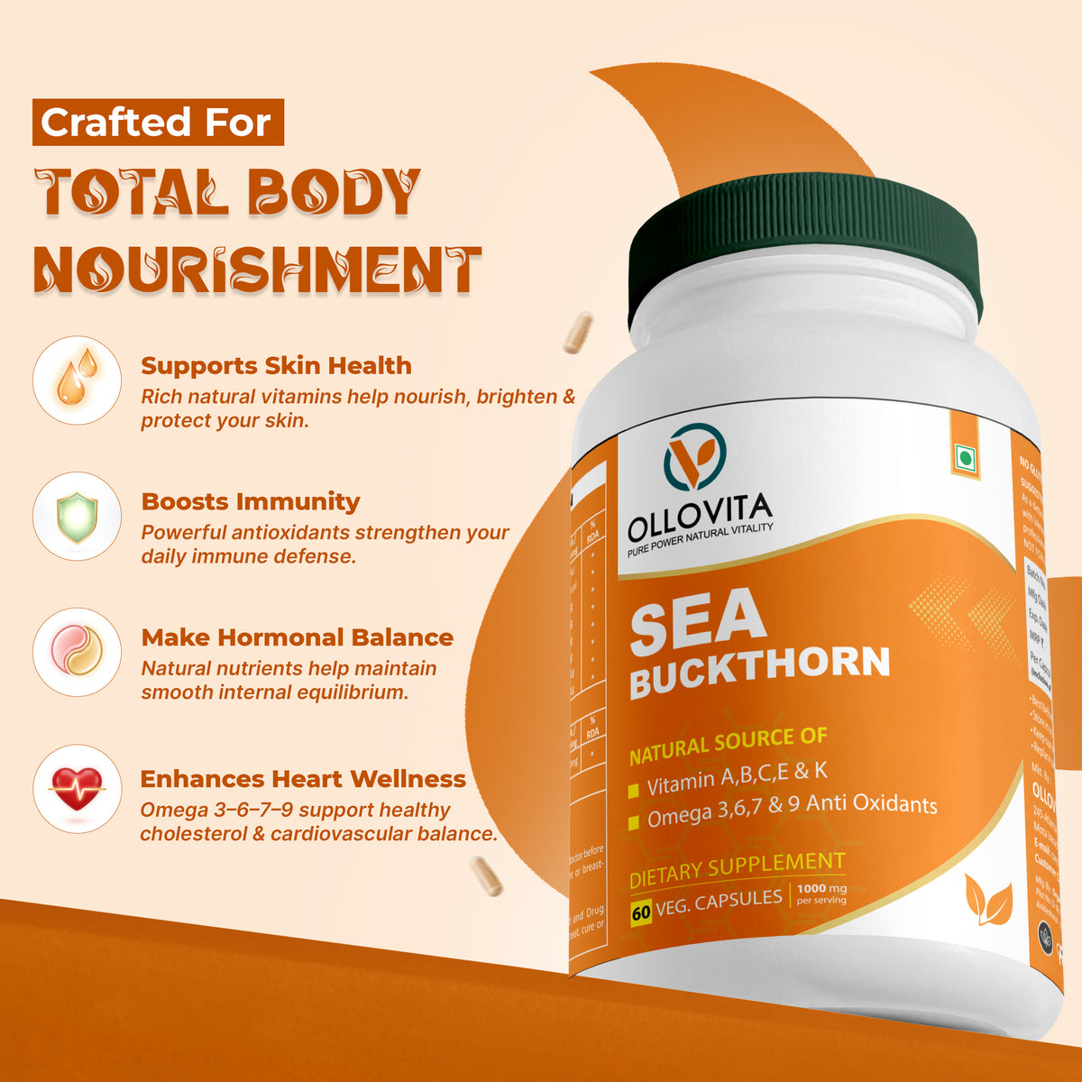 OLLOVITA Plant Based Sea Buckthorn Oil Capsules (1000mg) – Omega 3-6-7-9 | Immunity, Heart, Brain, Joint & Skin Health | 100% Vegan Whole-body Wellness – 60 Capsules