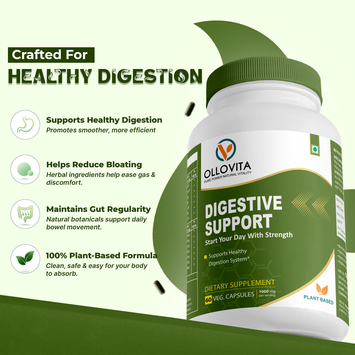 OLLOVITA Plant-Based Digestive Support Capsules – 1000mg Veg Supplement for Healthy Digestion, Gut Balance & Daily Wellness | 60 Veg Capsules