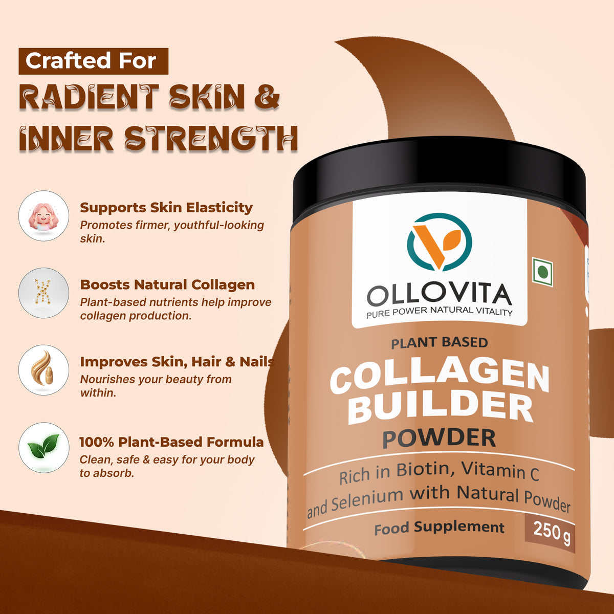 OLLOVITA Plant-Based Collagen Builder Powder 250g – With Biotin, Vitamin C & Selenium | Skin, Hair, Nails & Joint Support | Clean Beauty Nutrition