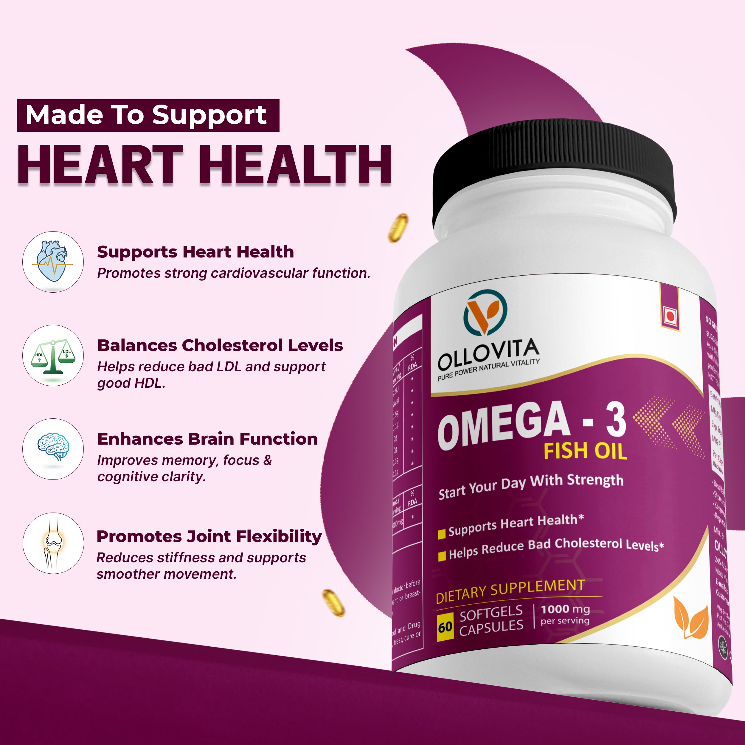 OLLOVITA Omega-3 Fish Oil – 1000mg Softgels for Heart Health, Cholesterol Support & Vitality | EPA & DHA | Cardiovascular Wellness – 60 Softgel Capsules