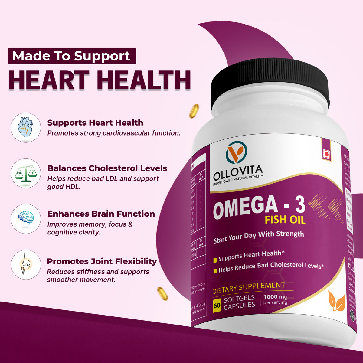 OLLOVITA Omega-3 Fish Oil – 1000mg Softgels for Heart Health, Cholesterol Support & Vitality | EPA & DHA | Cardiovascular Wellness – 60 Softgel Capsules