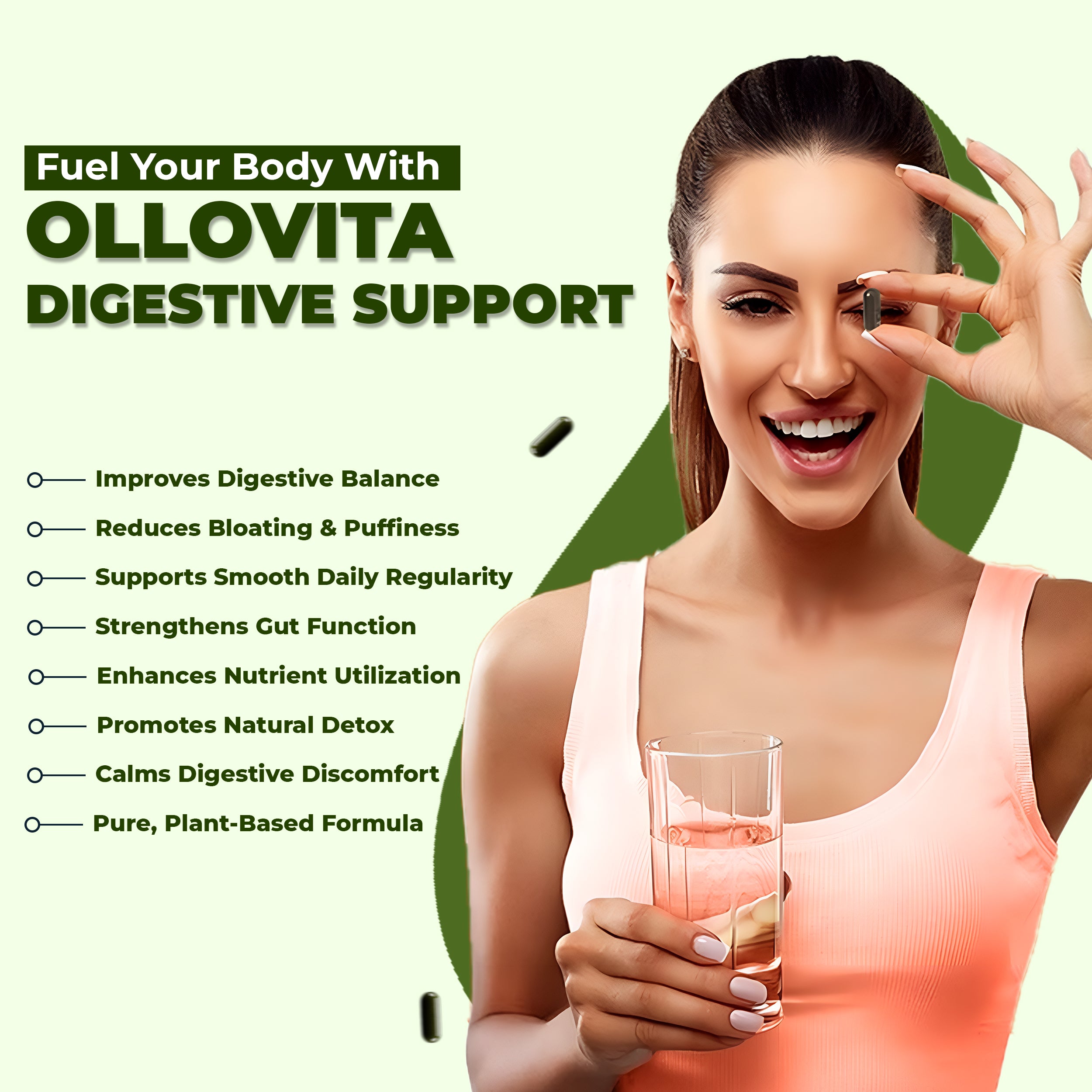 OLLOVITA Plant-Based Digestive Support Capsules – 1000mg Veg Supplement for Healthy Digestion, Gut Balance & Daily Wellness | 60 Veg Capsules