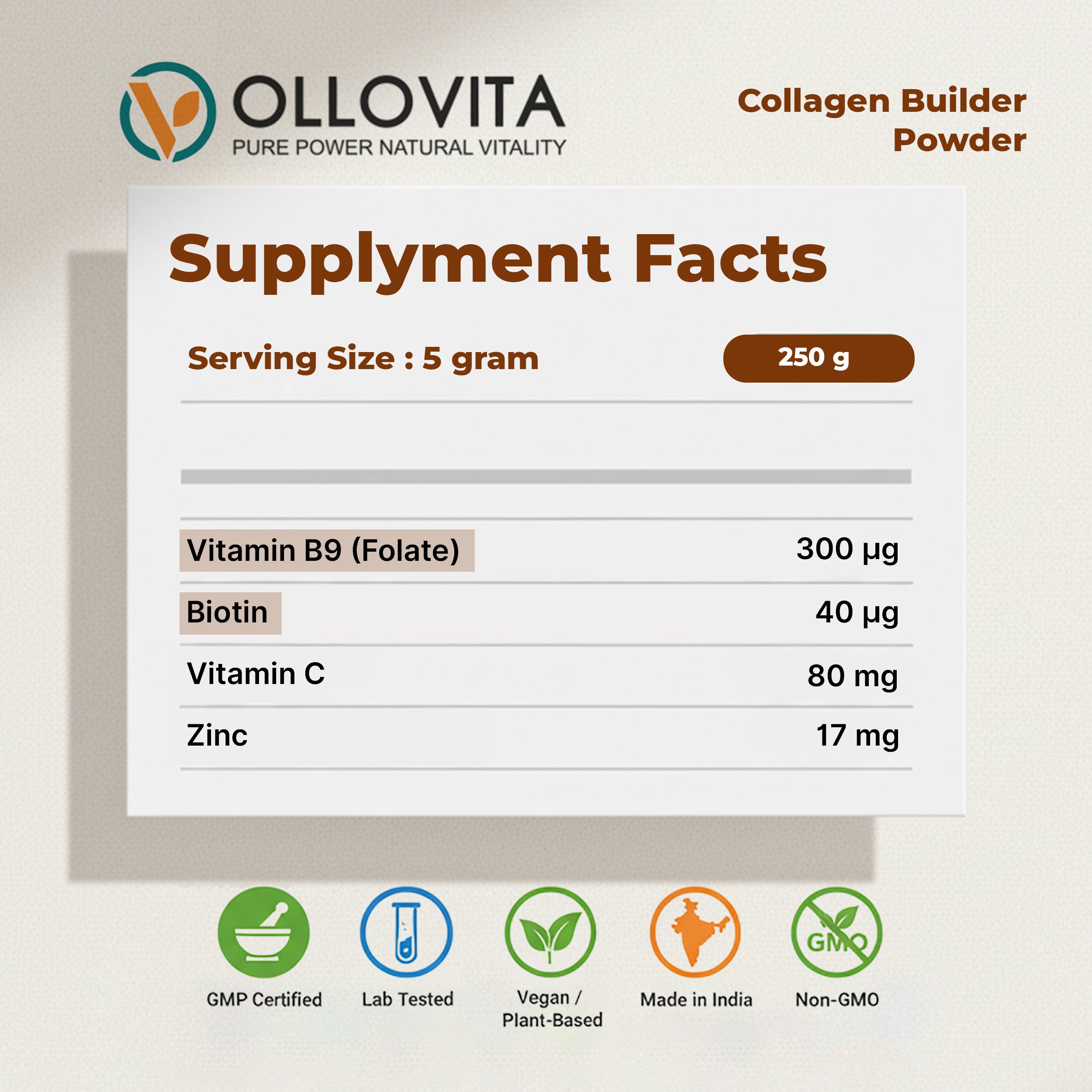 OLLOVITA Plant-Based Collagen Builder Powder 250g – With Biotin, Vitamin C & Selenium | Skin, Hair, Nails & Joint Support | Clean Beauty Nutrition