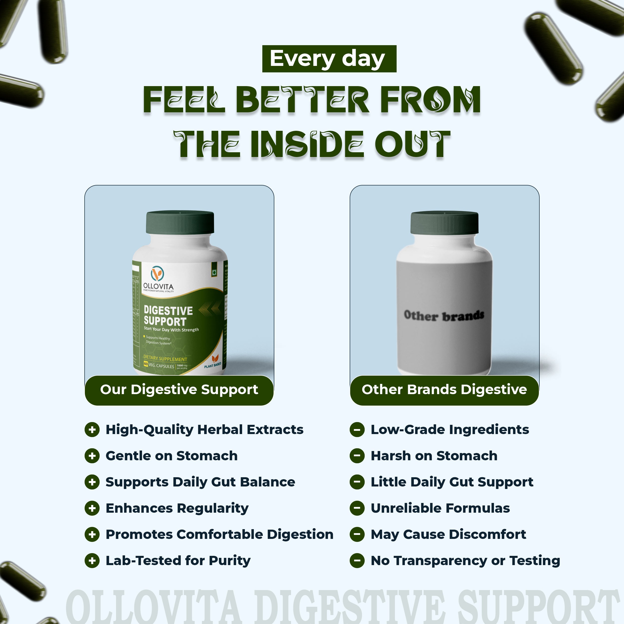 OLLOVITA Plant-Based Digestive Support Capsules – 1000mg Veg Supplement for Healthy Digestion, Gut Balance & Daily Wellness | 60 Veg Capsules