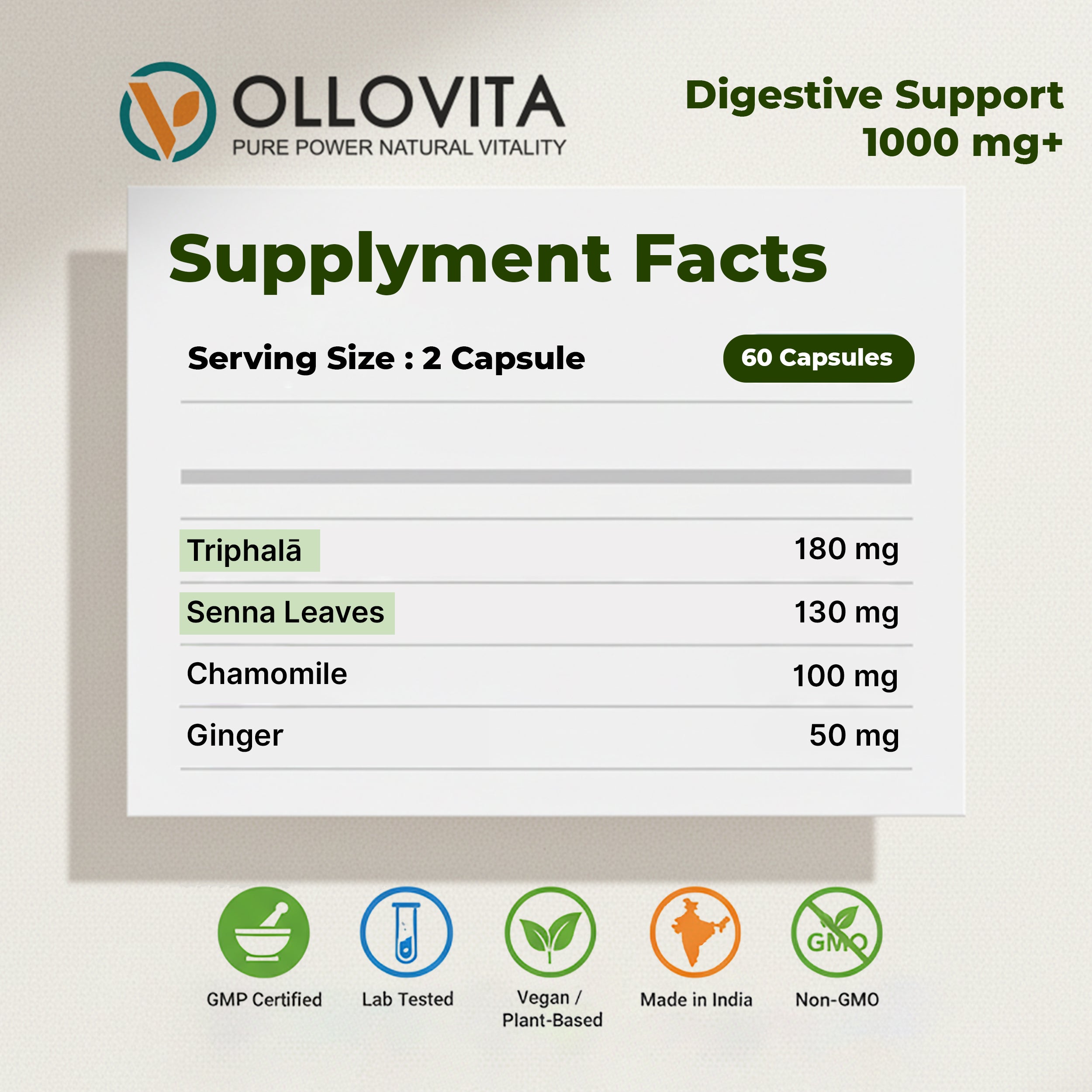 OLLOVITA Plant-Based Digestive Support Capsules – 1000mg Veg Supplement for Healthy Digestion, Gut Balance & Daily Wellness | 60 Veg Capsules