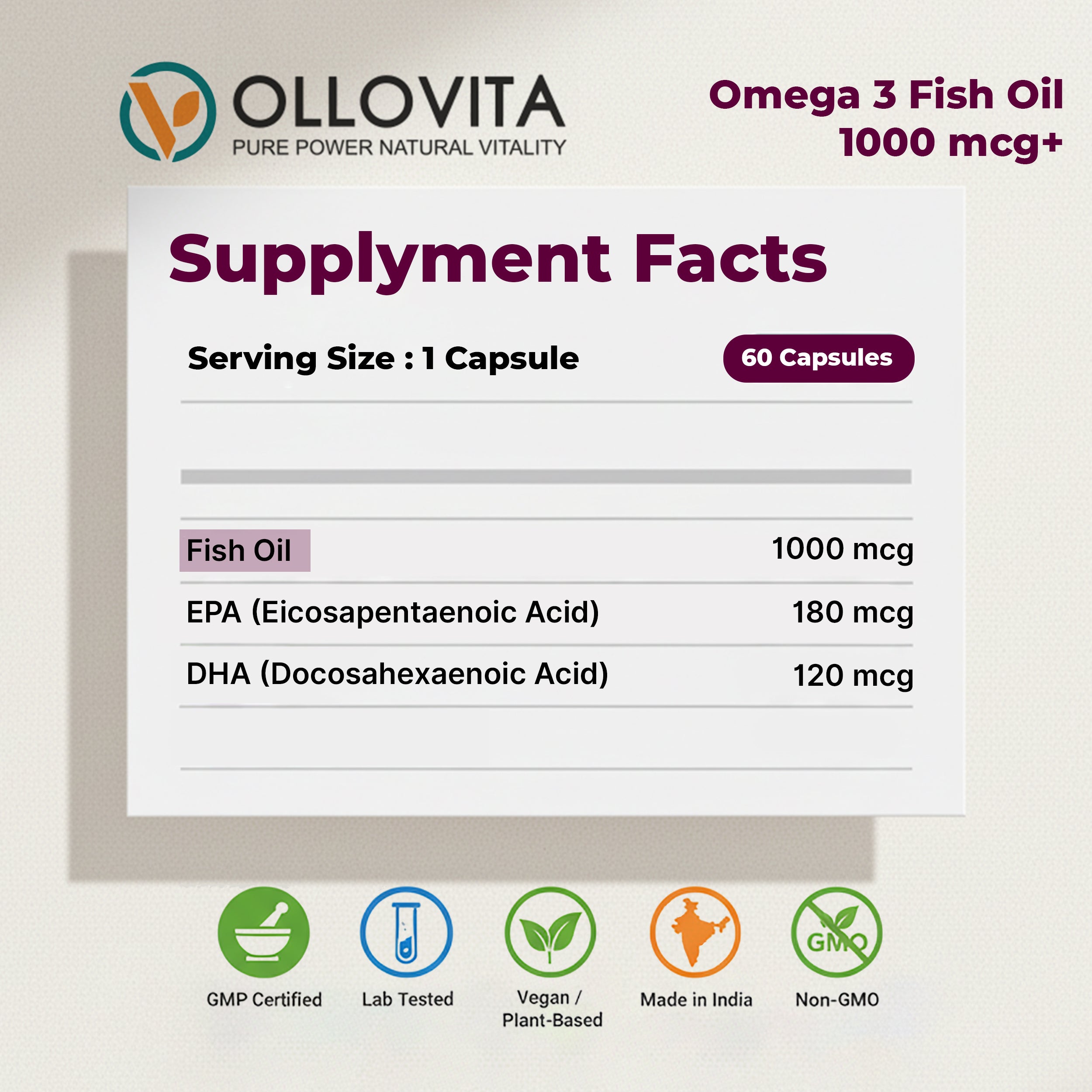 OLLOVITA Omega-3 Fish Oil – 1000mg Softgels for Heart Health, Cholesterol Support & Vitality | EPA & DHA | Cardiovascular Wellness – 60 Softgel Capsules