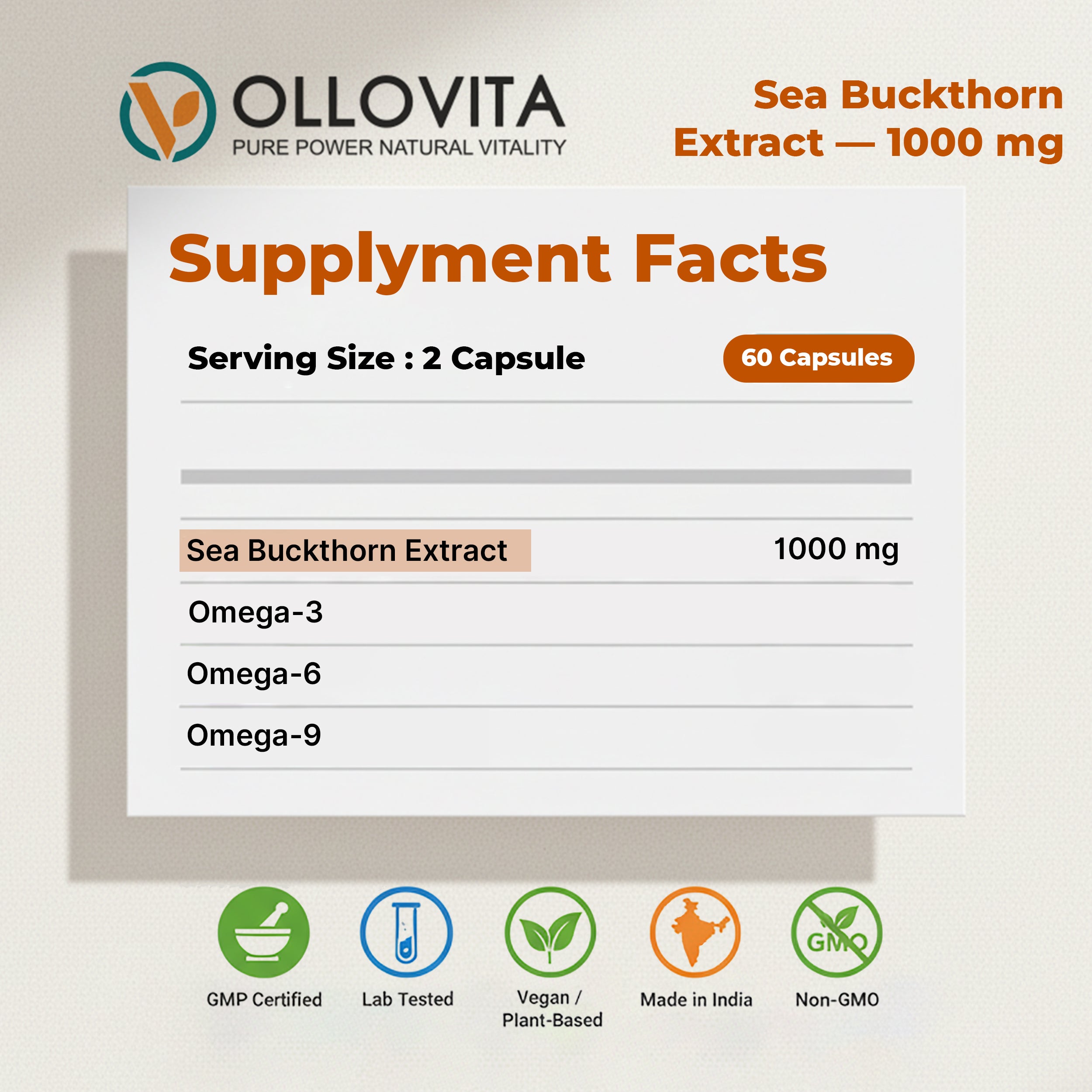 OLLOVITA Plant Based Sea Buckthorn Oil Capsules (1000mg) – Omega 3-6-7-9 | Immunity, Heart, Brain, Joint & Skin Health | 100% Vegan Whole-body Wellness – 60 Capsules